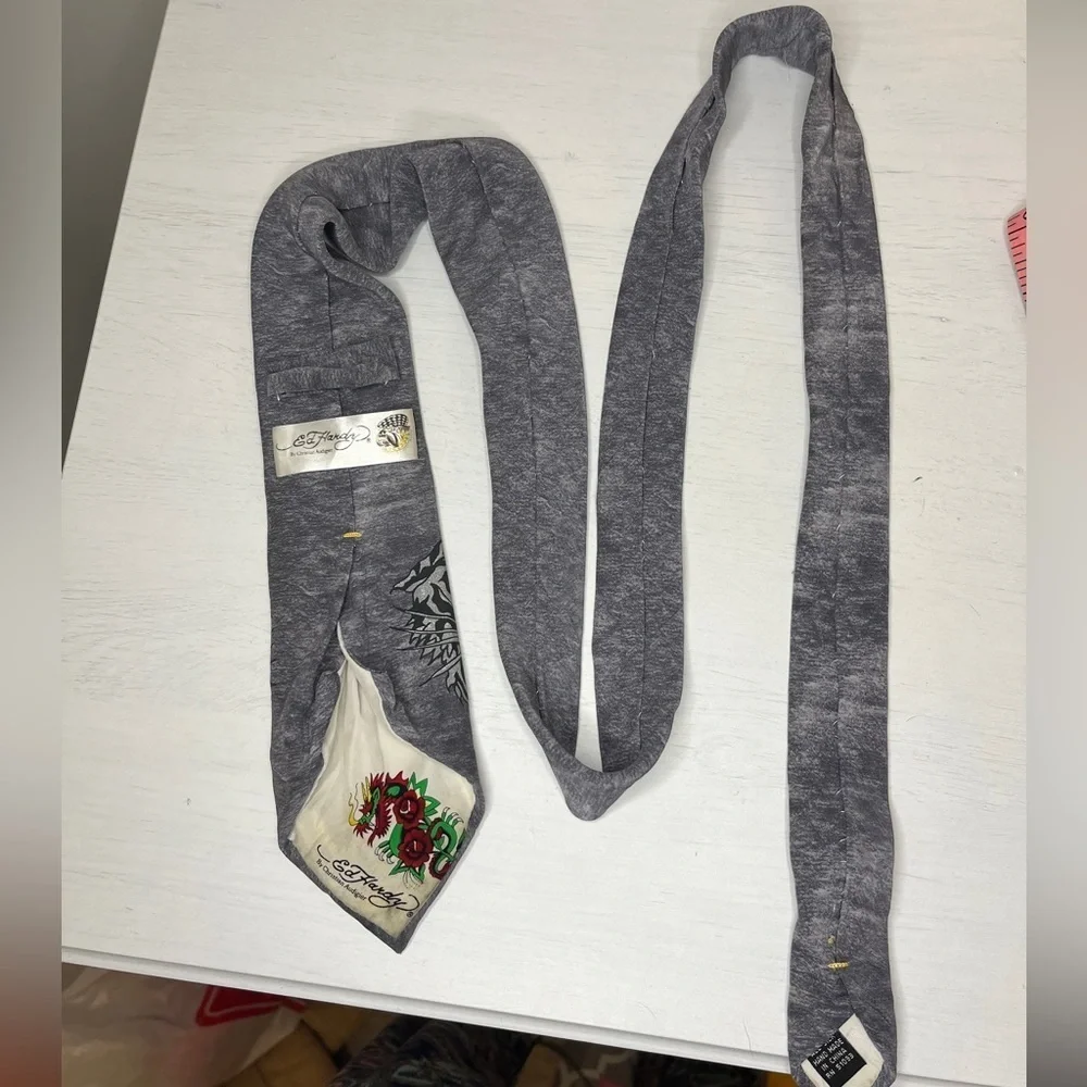 Ed Hardy Gray Tiger Silk Tie Y2K